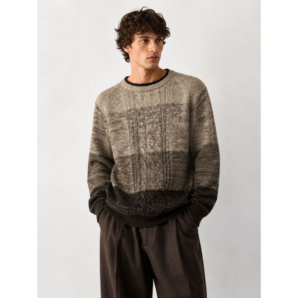 Vintage Sweater Graphix Knit Sweater L Beige Brown Ombre Cable Knit Crewneck 90s
